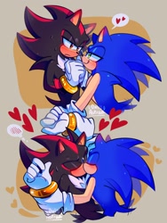 Size: 1536x2048 | Tagged: safe, artist:onlyastraa, shadow the hedgehog, sonic the hedgehog, abstract background, blushing, blushing ears, duo, duo male, eyes closed, frown, gay, heart, holding hands, holding them, kiss, licking lips, lidded eyes, looking at each other, male, shadow x sonic, shipping, smile, standing, sweatdrop, tongue out, wagging tail