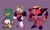 Size: 1600x960 | Tagged: safe, artist:skeletonpendeja, cosmo the seedrian, e-123 omega, rouge the bat, black sclera, dark skin, ear piercing, heart nose, looking offscreen, purple background, robot, simple background, smile, standing, tan skin, trio