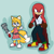Size: 2500x2500 | Tagged: safe, artist:theowlgoesmoo, knuckles the echidna, miles "tails" prower, alternate outfit, belt, cape, clothes, dress, duo, gender swap, glasses, green background, holding something, simple background, tool