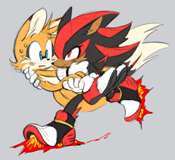 Size: 766x701 | Tagged: safe, artist:shadails, miles "tails" prower, shadow the hedgehog, blushing, carrying them, duo, gay, grey background, shadow x tails, shipping, simple background, skating, sketch, sweatdrop