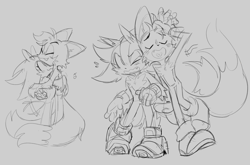 Size: 1383x915 | Tagged: safe, artist:shadails, miles "tails" prower, shadow the hedgehog, blushing, dramatic, duo, gay, grey background, heart tongue, height difference, holding hands, hugging, leaning on them, monochrome, older, shadow x tails, shipping, simple background, sketch, walking