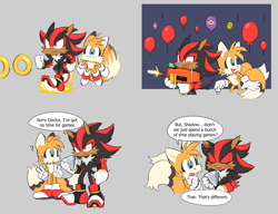 Size: 2048x1571 | Tagged: safe, artist:shadails, miles "tails" prower, shadow the hedgehog, balloon, chaos emerald, circus park zone, dialogue, duo, english text, flying, gay, grey background, gun, question mark, shadow the hedgehog (video game), shadow x tails, shipping, simple background, skating, speech bubble, spinning tails