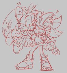 Size: 1005x1083 | Tagged: safe, artist:shadails, miles "tails" prower, shadow the hedgehog, duo, eye twitch, flying, gay, grey background, holding them, monochrome, mouth open, shadow x tails, shipping, simple background, sketch, spinning tails, standing