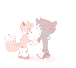 Size: 2018x1824 | Tagged: safe, artist:konicunai, miles "tails" prower, shadow the hedgehog, blushing, duo, gay, holding hands, looking at each other, mouth open, shadow x tails, shipping, simple background, sketch, smile, standing, white background