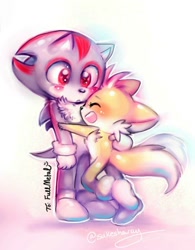 Size: 1080x1384 | Tagged: source needed, safe, artist:sukesha ray, miles "tails" prower, shadow the hedgehog, abstract background, blushing, cute, duo, english text, eyes closed, frown, gay, hugging, looking at them, mouth open, outline, shadabetes, shadow x tails, shipping, signature, smile, tailabetes