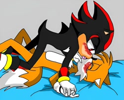 Size: 1000x802 | Tagged: artist needed, source needed, safe, miles "tails" prower, shadow the hedgehog, bed, blushing, gay, grey background, kiss, lying back, makeout, pinning them, saliva, shadow x tails, shipping, simple background, tongue out