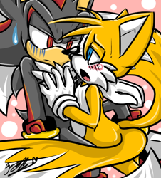 Size: 650x720 | Tagged: safe, artist:therealshadow, miles "tails" prower, shadow the hedgehog, abstract background, awkward, blushing, duo, frown, gay, hand on another's chest, lidded eyes, looking at each other, mouth open, shadow x tails, shipping, signature, sitting, sweatdrop