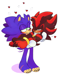 Size: 2970x3772 | Tagged: safe, artist:dirtyteeths, shadow the hedgehog, sonic the hedgehog, 2020, barefoot, blushing, carrying them, duo, eyelashes, floppy ears, four toes, frown, gay, grumpy, heart, lidded eyes, looking at them, looking away, one eye closed, paws, scar, shadow x sonic, shipping, simple background, smile, standing, sweatdrop, white background