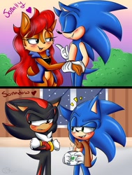 Size: 966x1280 | Tagged: safe, artist:theartyoshi, sally acorn, shadow the hedgehog, sonic the hedgehog, abstract background, bisexual, blushing, coffee, cup, gay, heart, indoors, outdoors, sally x sonic, scarf, shadow x sonic, shipping, smile, standing, straight, trio