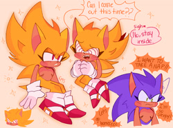 Size: 2048x1524 | Tagged: safe, artist:emenens, sonic the hedgehog, dialogue, english text, fleetway super sonic, frown, looking offscreen, simple background, solo, sparkles, star (symbol), super form, top surgery scars, trans male, transgender