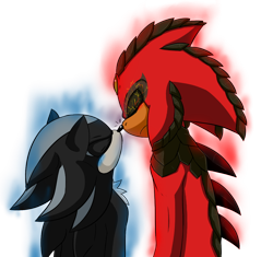 Size: 1000x939 | Tagged: safe, artist:fire-for-battle, iblis, mephiles the dark, blushing, duo, eyes closed, frown, gay, mephiblis, mobianified, nose boop, noses are touching, shipping, simple background, standing, transparent background