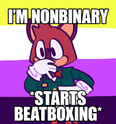 Size: 926x989 | Tagged: safe, artist:clarinettispaghetti, barry the quokka, the murder of sonic the hedgehog, beatboxing, english text, looking offscreen, meme, nonbinary, pride flag background, solo, standing