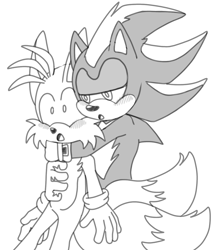 Size: 1129x1280 | Tagged: safe, artist:sontails-bar, miles "tails" prower, shadow the hedgehog, blushing, duo, gay, hugging from behind, lidded eyes, monochrome, mouth open, shadow x tails, shipping, simple background, standing, surprised, white background