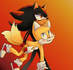 Size: 2000x1900 | Tagged: safe, artist:guminaxy, miles "tails" prower, shadow the hedgehog, blushing, carrying them, duo, frown, gay, gradient background, lidded eyes, looking offscreen, redraw, shadow x tails, shipping, sweatdrop, walking