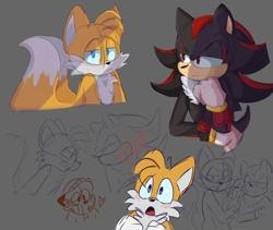 Size: 2048x1728 | Tagged: safe, artist:konicunai, miles "tails" prower, shadow the hedgehog, blushing, bust, frown, gay, grey background, head rest, heart, lidded eyes, mouth open, shadow x tails, shipping, simple background, sketch, solo