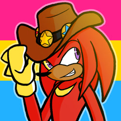 Size: 1080x1080 | Tagged: safe, artist:feeble-minded-little-gay, knuckles the echidna, clenched teeth, hat, knuckles' hat, looking offscreen, male, outline, pansexual, pansexual pride, smile, solo, standing