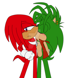 Size: 900x1013 | Tagged: safe, artist:beniaranas, knuckles the echidna, 2015, deviantart watermark, duo, eyes closed, frown, gay, hands behind back, kiss on cheek, knuxmanic, lidded eyes, looking at viewer, male, males only, manic the hedgehog, shipping, simple background, standing, transparent background