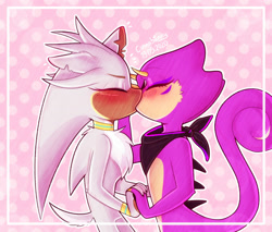 Size: 1600x1360 | Tagged: dead source, safe, artist:puffinpermuffin, espio the chameleon, silver the hedgehog, 2020, abstract background, bandana, blushing, chest fluff, chipped ear, duo, eyes closed, gay, holding hands, kiss, male, males only, outline, shipping, signature, silvio, standing