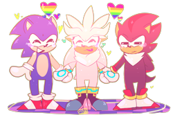 Size: 3000x1996 | Tagged: dead source, safe, artist:pumpkizoid, shadow the hedgehog, silver the hedgehog, sonic the hedgehog, blushing, cute, frown, gay, heart, holding hands, male, males only, polyamory, pride, shadow x silver, shadow x sonic, shadowbetes, shipping, silvabetes, smile, sonabetes, sonadilver, sonilver, sparkles, standing, trio