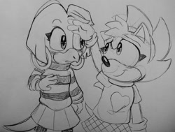 Size: 807x609 | Tagged: safe, artist:dragon22551, amy rose, tekno the canary, 2023, blushing, duo, female, females only, fleetway amy, frown, lesbian, looking at them, pencilwork, shipping, sketch, skirt, smile, standing, teknamy, traditional media