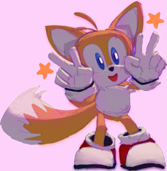 Size: 925x946 | Tagged: safe, artist:whimsical-sonic, miles "tails" prower, 2023, double v sign, looking at viewer, mouth open, pink background, posing, redraw, shadow the hedgehog (video game), simple background, solo, standing, star (symbol)