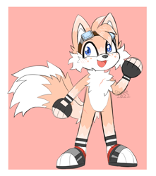 Size: 1751x1978 | Tagged: safe, artist:shunpiee, miles "tails" prower, alternate universe, blushing, border, fingerless gloves, freckles, looking offscreen, mouth open, orange background, redesign, scar, simple background, smile, solo, standing