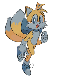 Size: 768x1024 | Tagged: safe, artist:s1llycilantro, miles "tails" prower, blue shoes, blushing, bow, clenched fist, cute, eyelashes, female, looking at viewer, mouth open, simple background, smile, solo, tailabetes, trans female, transgender, v sign, white background