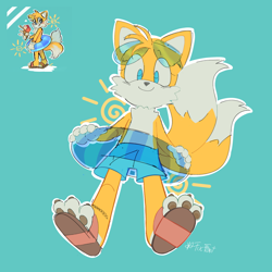 Size: 1280x1280 | Tagged: safe, artist:s1llycilantro, miles "tails" prower, eyelashes, female, holding something, outline, pawpads, reference inset, sandals, shorts, signature, simple background, smile, solo, sunglasses, swimming tube, trans female, transgender, turquoise background