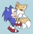 Size: 1021x1065 | Tagged: dead source, safe, artist:dokudrinker, miles "tails" prower, sonic the hedgehog, 2023, blushing, chest fluff, chibi, cute, ear fluff, flat colors, gay, holding them, lifting them, nuzzle, shipping, simple background, smile, solo, sonabetes, sonic x tails, standing, tailabetes, turquoise background