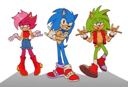 Size: 1050x712 | Tagged: safe, artist:chechewi4ka, sonia the hedgehog, sonic the hedgehog, sonic underground, 2023, alternate eye color, brown eyes, drumstick, drumsticks, holding something, horn sign, looking at viewer, manic the hedgehog, redesign, siblings, simple background, smile, standing, trio, white background