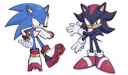 Size: 2048x1207 | Tagged: safe, artist:chronocrump, shadow the hedgehog, sonic the hedgehog, 31 days sonic, duo, frown, gloves swap, modern sonic, shoe swap, simple background, smile, standing, sweatdrop, white background