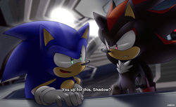 Size: 2483x1524 | Tagged: safe, artist:risziarts, shadow the hedgehog, sonic the hedgehog, 2021, abstract background, dialogue, duo, english text, frown, glowing eyes, looking at each other, modern sonic, mouth open, redraw, shadow the hedgehog (video game), smile, standing