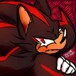 Size: 3500x3500 | Tagged: safe, artist:velvedd, shadow the hedgehog, abstract background, arms folded, clenched teeth, eyelashes, frown, icon, looking back at viewer, signature, solo, standing