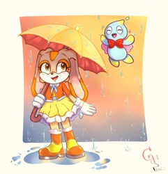 Size: 1978x2048 | Tagged: safe, artist:cowiecott, cheese (chao), cream the rabbit, rain, umbrella