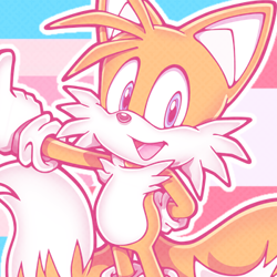 Size: 350x350 | Tagged: dead source, safe, artist:dogboy-pride-time, miles "tails" prower, fox, edit, female, icon, looking offscreen, mouth open, outline, pride flag background, sapphic, sapphic pride, smile, solo, trans female, trans pride, transfem pride, transgender