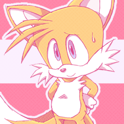 Size: 350x350 | Tagged: dead source, safe, artist:dogboy-pride-time, miles "tails" prower, fox, edit, female, icon, looking offscreen, outline, pride flag background, sapphic, sapphic pride, smile, solo, sweatdrop