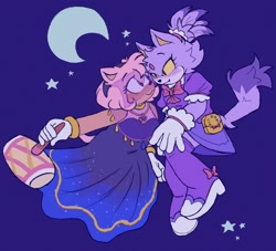 Size: 2048x1861 | Tagged: safe, artist:sonicattos, amy rose, blaze the cat, cat, hedgehog, amy x blaze, blue background, blushing, clothes, dress, duo, eyelashes, holding something, lesbian, looking at each other, moon, one fang, pants, piko piko hammer, shipping, simple background, smile, star (symbol), yellow sclera