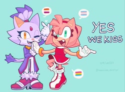 Size: 2048x1515 | Tagged: safe, artist:silver-varian, amy rose, blaze the cat, cat, hedgehog, 2023, amy x blaze, amybetes, blazebetes, chibi, cute, duo, english text, female, females only, holding hands, lesbian, looking at viewer, pansexual, pink nose, shipping, simple background, smile, standing, trans female, transgender, turquoise background