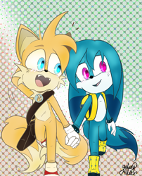 Size: 1615x1999 | Tagged: dead source, safe, artist:galaxy-petals, kit the fennec, miles "tails" prower, fox, abstract background, badge, bag, belt, blushing, chibi, cute, duo, fennec, gay, holding hands, kitabetes, kitails, looking at them, male, males only, mouth open, shipping, signature, smile, tailabetes, walking