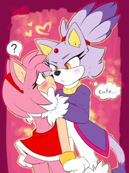 Size: 1815x2426 | Tagged: safe, artist:ikitsunyan, amy rose, blaze the cat, cat, hedgehog, 2019, amy x blaze, amy's halterneck dress, blaze's tailcoat, blushing, cute, english text, female, females only, hand on cheek, hearts, lesbian, question mark, shipping, sweat, sweatdrop