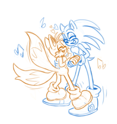 Size: 571x603 | Tagged: safe, artist:takosa, miles "tails" prower, sonic the hedgehog, fox, hedgehog, blushing, duo, eyes closed, gay, heart, holding hands, male, males only, musical notes, playing, shipping, simple background, sketch, smile, sonic x tails, standing, white background