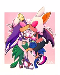 Size: 1638x2048 | Tagged: safe, artist:ghostweeps, artist:trashicalgirl, jet the hawk, rouge the bat, sonic the hedgehog, wave the swallow, bat, bird, hedgehog, swallow, 2020, abstract background, eyes closed, female, gay, group, hawk, heart, holding hands, jet x sonic, kiss, lesbian, male, outline, riding, shipping, signature, sitting on them, sonic riders, wavouge