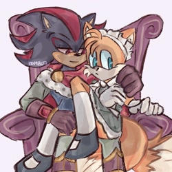 Size: 1000x1000 | Tagged: safe, artist:zevensfw, miles "tails" prower, shadow the hedgehog, fox, hedgehog, 2021, arm around shoulders, dress, duo, femboy, gay, grey background, holding them, lidded eyes, shadow x tails, shipping, simple background, sitting, sitting on them, smile, throne