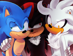 Size: 2808x2153 | Tagged: dead source, safe, artist:beadichnoa, shadow the hedgehog, silver the hedgehog, sonic the hedgehog, hedgehog, 2016, abstract background, arm around shoulders, frown, gay, group hug, holding another's arm, hugging, looking at them, looking at viewer, looking away, male, males only, polyamory, shadow x silver, shadow x sonic, shipping, smile, sonadilver, standing, sweatdrop, trio