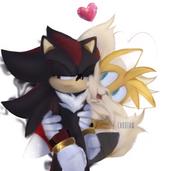 Size: 1280x1280 | Tagged: safe, artist:ssssabotage, miles "tails" prower, shadow the hedgehog, fox, hedgehog, 2022, duo, frown, gay, heart, holding them, looking at them, looking away, male, males only, mouth open, shadow x tails, shipping, simple background, white background