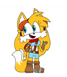 Size: 1280x1480 | Tagged: safe, artist:rosecandyart, miles "tails" prower, oc, oc:amelia prower, fox, 2023, clothes, female, flat colors, goggles, looking offscreen, simple background, smile, solo, sonic boom (tv), standing, trans female, transgender, white background