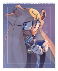 Size: 773x947 | Tagged: safe, artist:evan stanley, gold the tenrec, tenrec, blue eyes, female, gloves, hot drink, pk mark, solo, steam