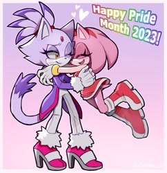 Size: 1524x1575 | Tagged: safe, artist:xfarfromreality, amy rose, blaze the cat, cat, hedgehog, 2023, amy x blaze, amy's halterneck dress, blaze's tailcoat, cute, female, females only, hugging, lesbian, pride, shipping