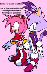 Size: 1308x2048 | Tagged: safe, artist:randomguy9991, amy rose, blaze the cat, amy x blaze, amy's halterneck dress, blaze's tailcoat, clothes, cute, dress, heels, holding hands, lesbian, shoes, spanish text