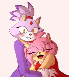 Size: 1957x2205 | Tagged: safe, artist:mi1kgreentea, amy rose, blaze the cat, cat, hedgehog, 2019, amy x blaze, amy's halterneck dress, blaze's tailcoat, blushing, cute, eyes closed, female, females only, hugging, lesbian, open mouth, shipping